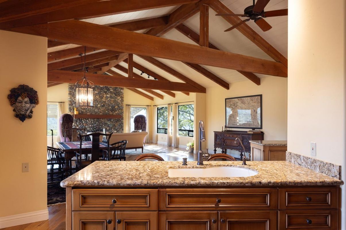 Dining room, Interior, Pendant Lights, Wooden Beams, Wood Texture Flooring