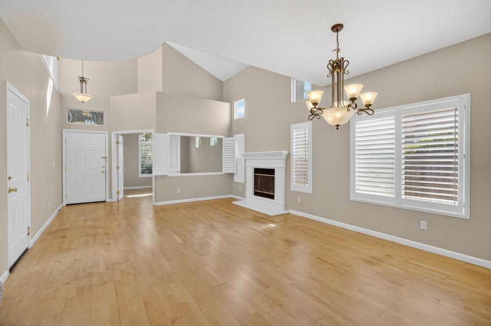 Empty room, Fireplace, Interior, Pendant Lights, Wood Texture Flooring