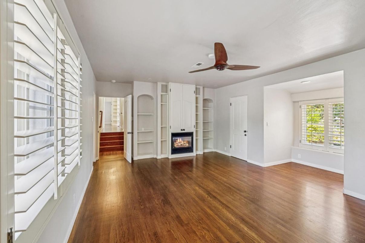 Empty room, Fireplace, Interior, Recessed Lighting, Wood Texture Flooring