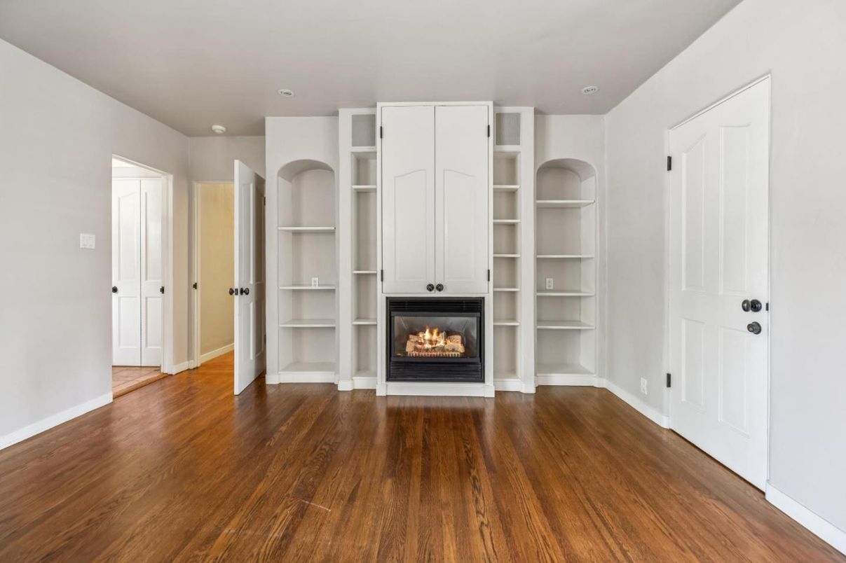 Empty room, Fireplace, Interior, Recessed Lighting, Wood Texture Flooring