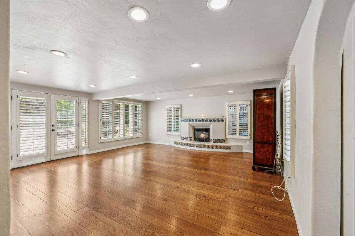 Empty room, Fireplace, Interior, Recessed Lighting, Wood Texture Flooring