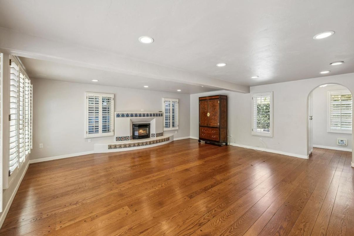 Empty room, Fireplace, Interior, Recessed Lighting, Wood Texture Flooring