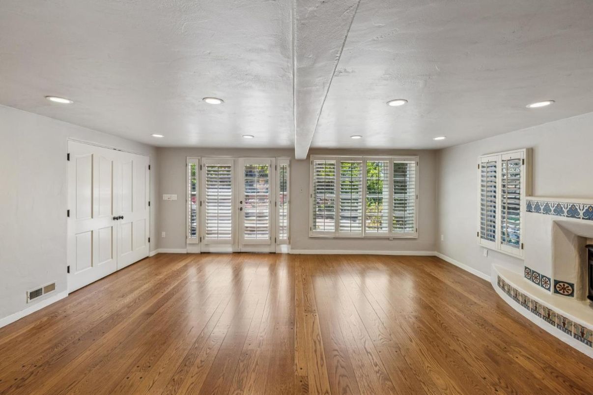 Empty room, Fireplace, Interior, Recessed Lighting, Wood Texture Flooring