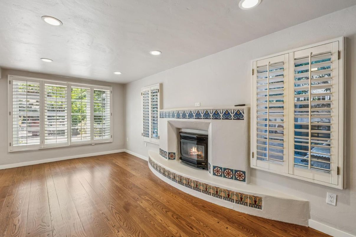 Empty room, Fireplace, Interior, Recessed Lighting, Wood Texture Flooring