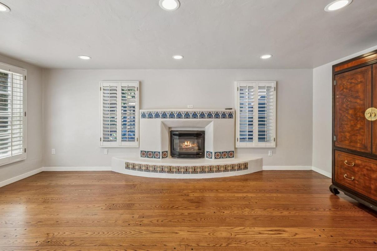 Empty room, Fireplace, Interior, Recessed Lighting, Wood Texture Flooring