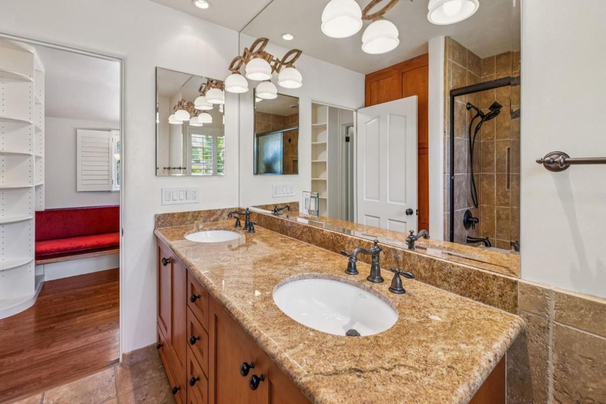 Bathroom, Dual Sink Vanities, Interior, Recessed Lighting, Wood Texture Flooring