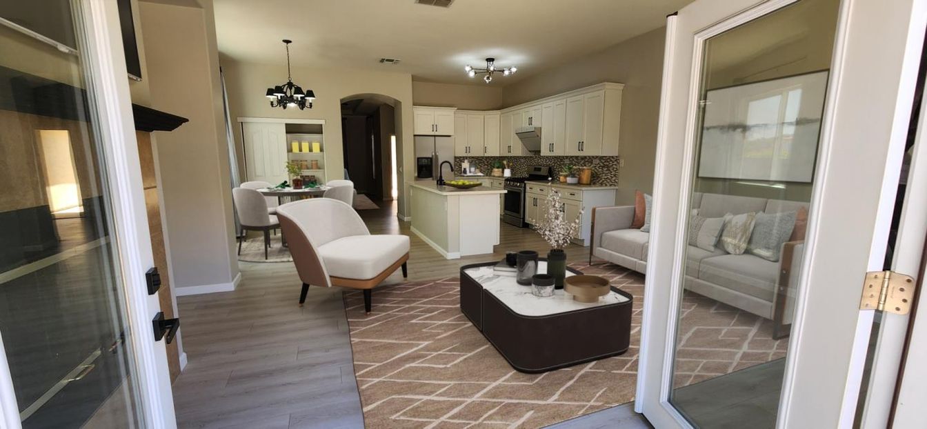 Dining room, Interior, Kitchen, Living room, Pendant Lights, Stainless Steel Appliances, Wood Texture Flooring