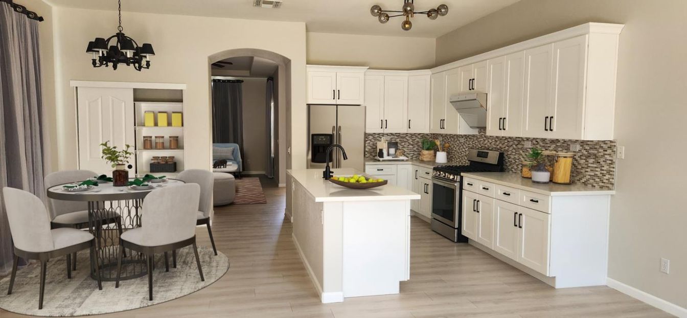Chandelier, Dining room, Interior, Kitchen, Pendant Lights, Stainless Steel Appliances, Wood Texture Flooring