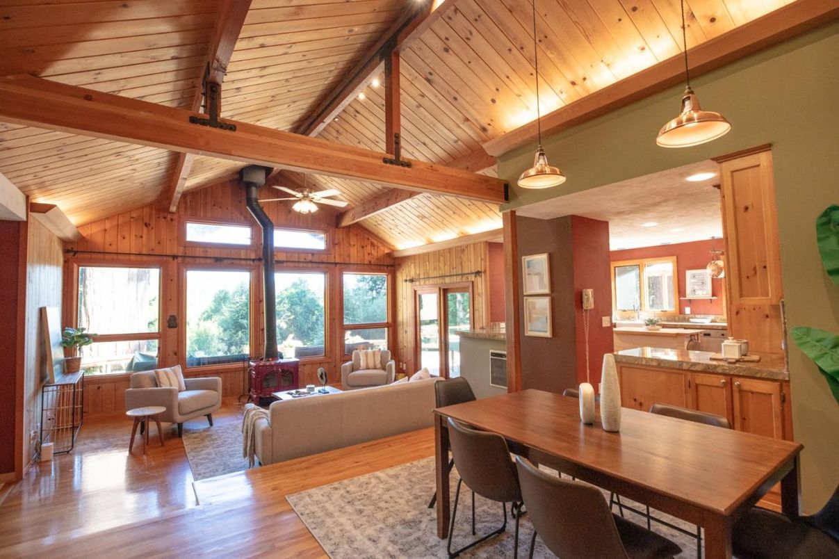 Dining room, Interior, Kitchen, Living room, Pendant Lights, Wooden Beams, Wooden Ceilings, Wood Texture Flooring, Wooden Walls