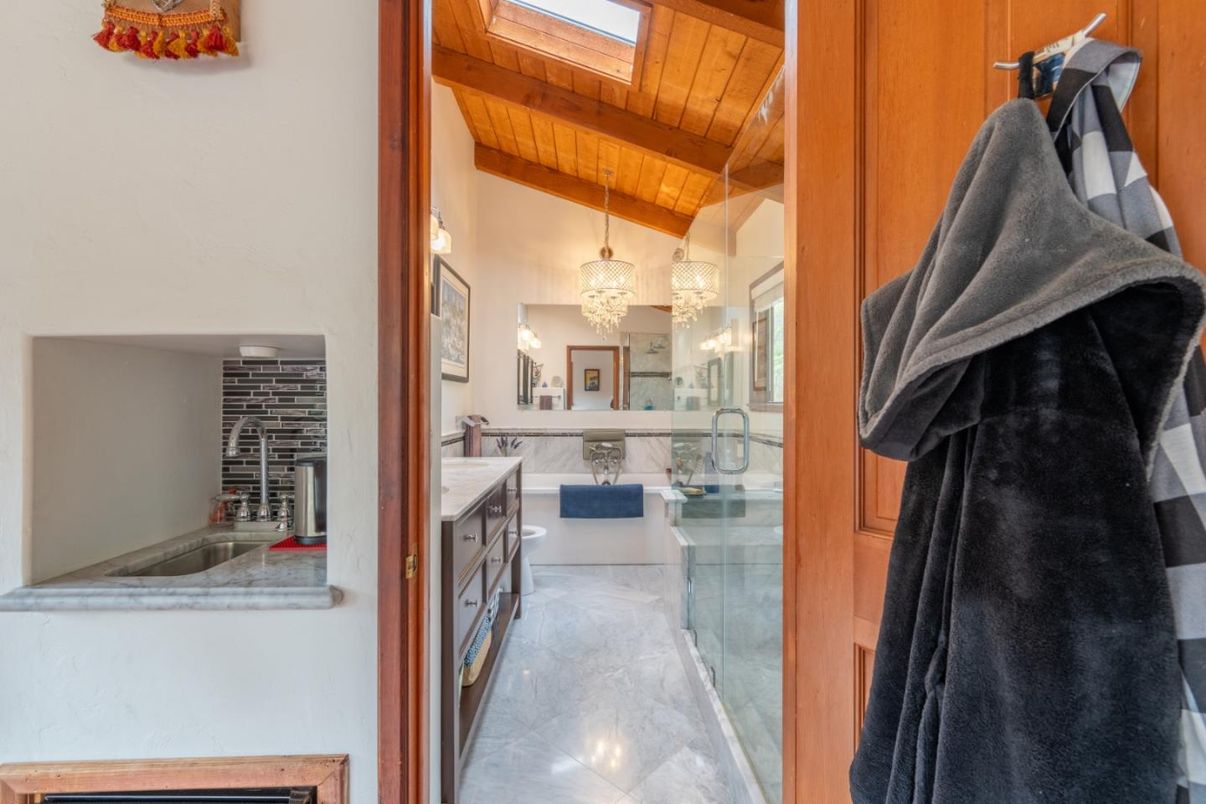 Bathroom, Chandelier, Glass Shower, Interior, Wooden Beams, Wooden Ceilings
