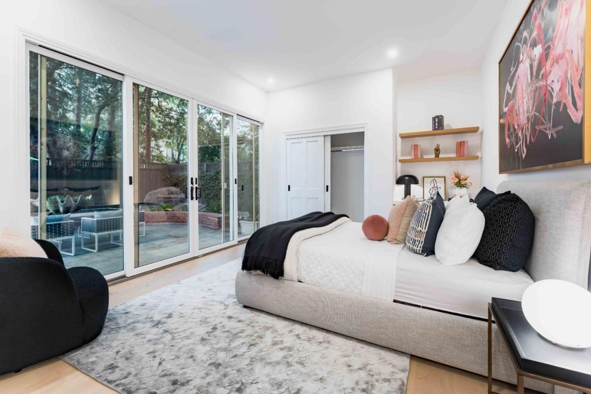 Bedroom, Interior, Recessed Lighting, Wood Texture Flooring
