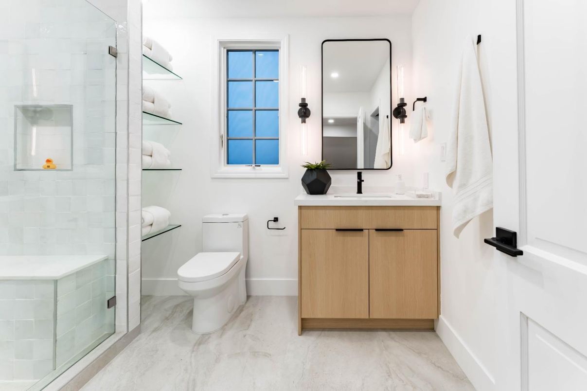 Bathroom, Dual Sink Vanities, Glass Shower, Interior, Marble, Recessed Lighting
