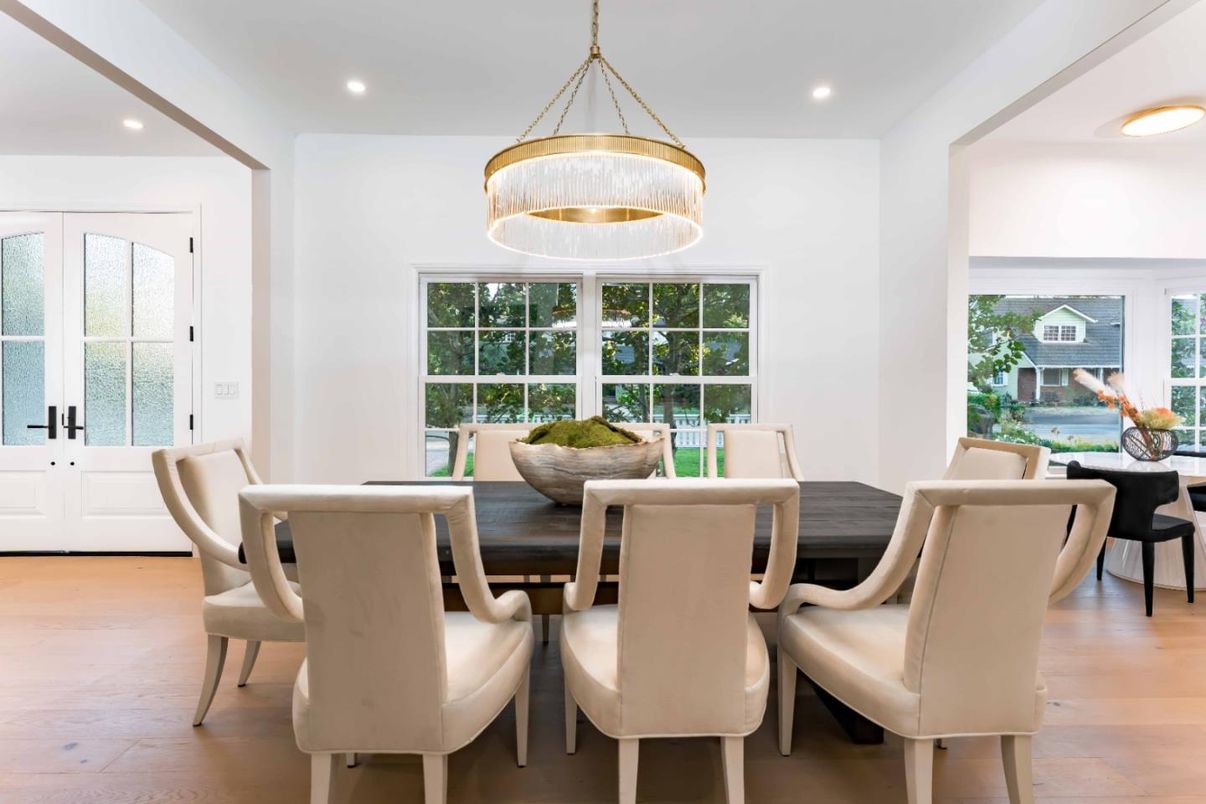 Dining room, Interior, Pendant Lights, Recessed Lighting, Wood Texture Flooring