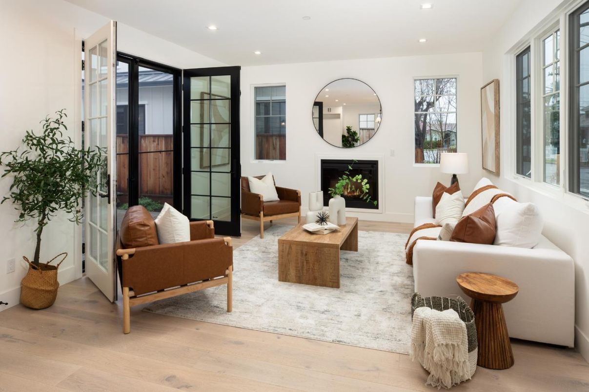 Fireplace, Interior, Living room, Recessed Lighting, Wood Texture Flooring