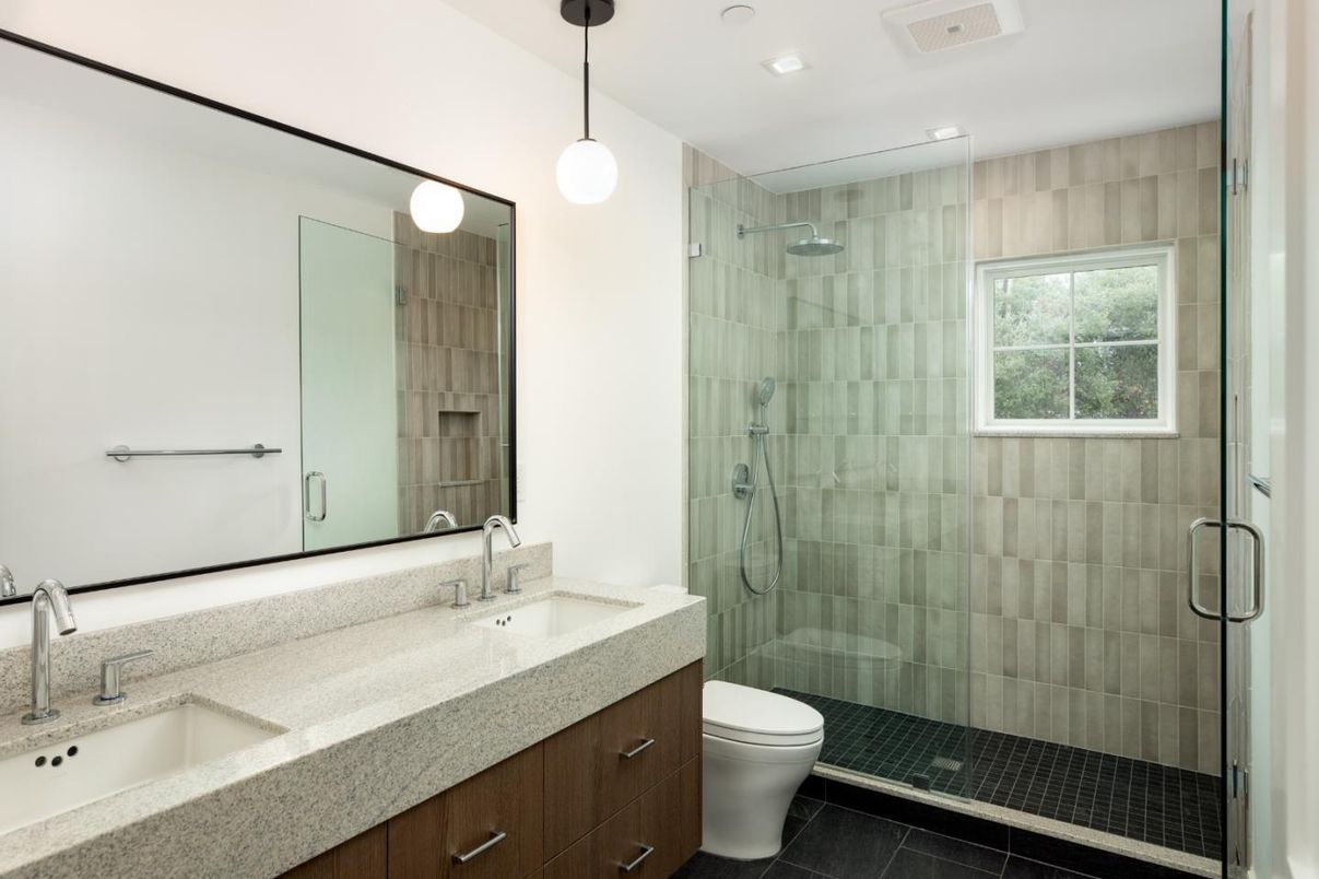 Bathroom, Dual Sink Vanities, Glass Shower, Interior, Pendant Lights, Recessed Lighting