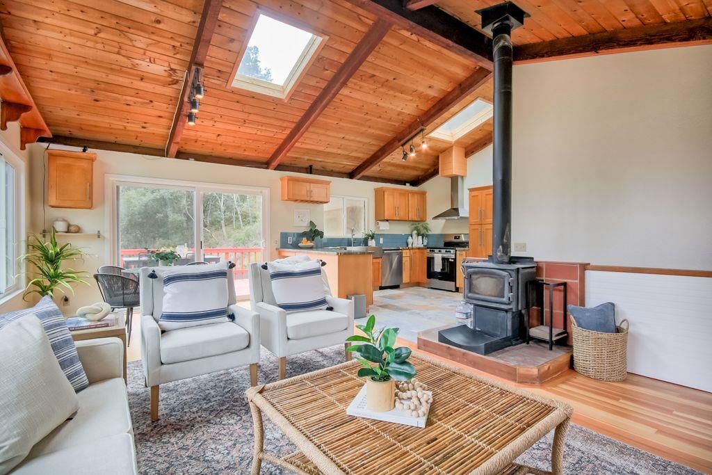 Dining room, Fireplace, Interior, Kitchen, Living room, Pendant Lights, Stainless Steel Appliances, Wooden Beams, Wooden Ceilings, Wood Texture Flooring