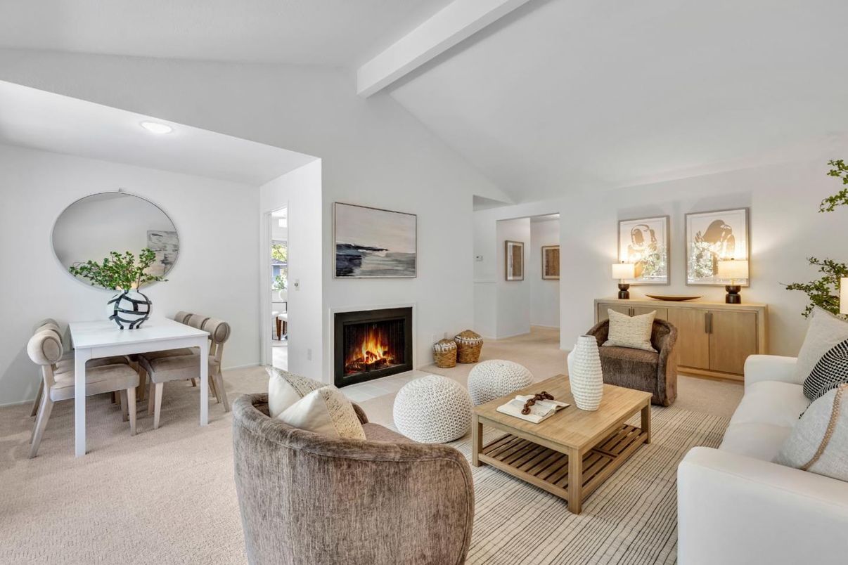 Dining room, Fireplace, Interior, Living room, Recessed Lighting