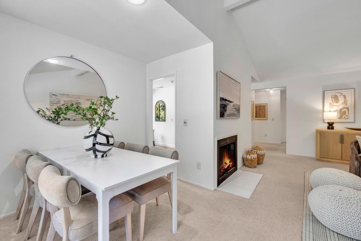 Dining room, Fireplace, Interior, Recessed Lighting