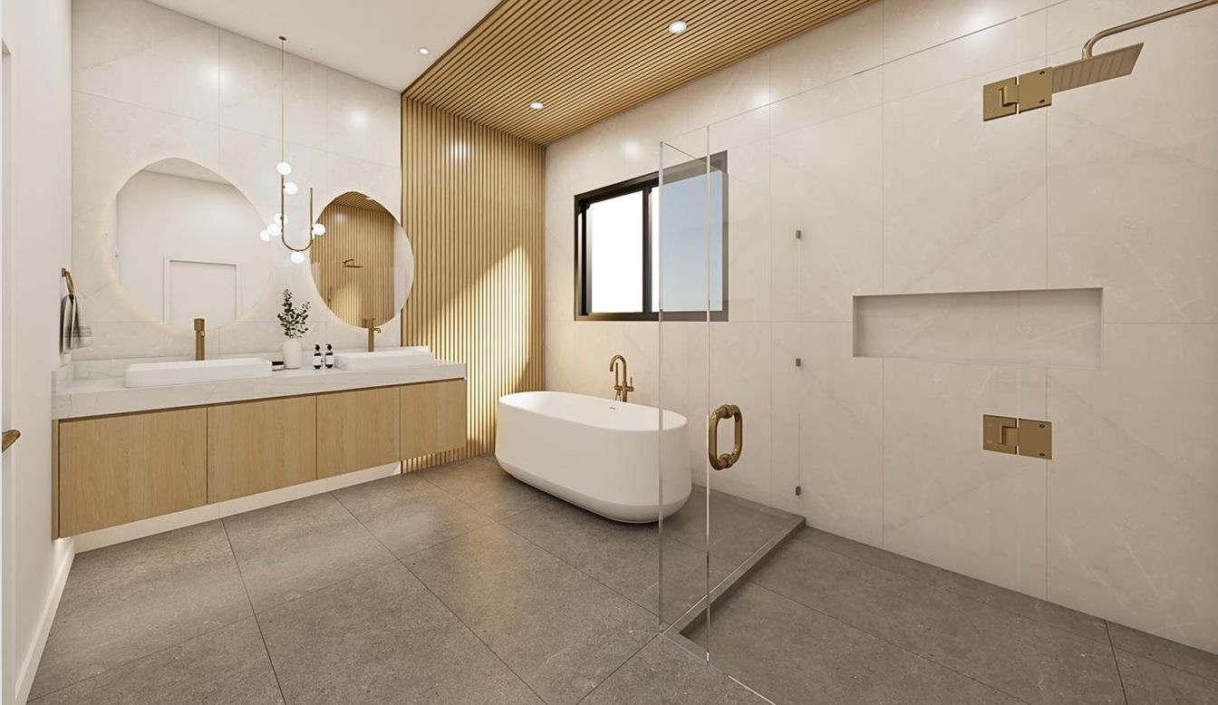 Bathroom, Dual Sink Vanities, Free Standing Baths, Glass Shower, Interior, Pendant Lights, Recessed Lighting