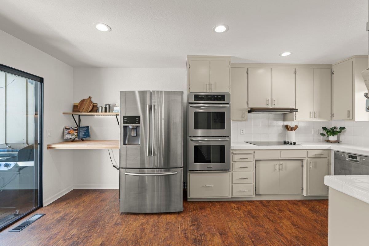 Interior, Kitchen, Recessed Lighting, Stainless Steel Appliances, Wood Texture Flooring