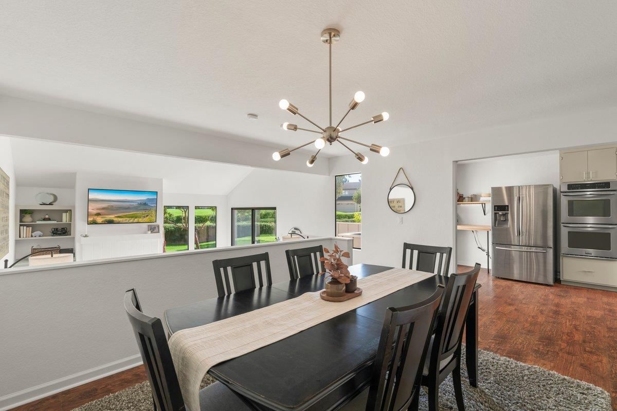 Dining room, Interior, Kitchen, Pendant Lights, Stainless Steel Appliances, Wood Texture Flooring