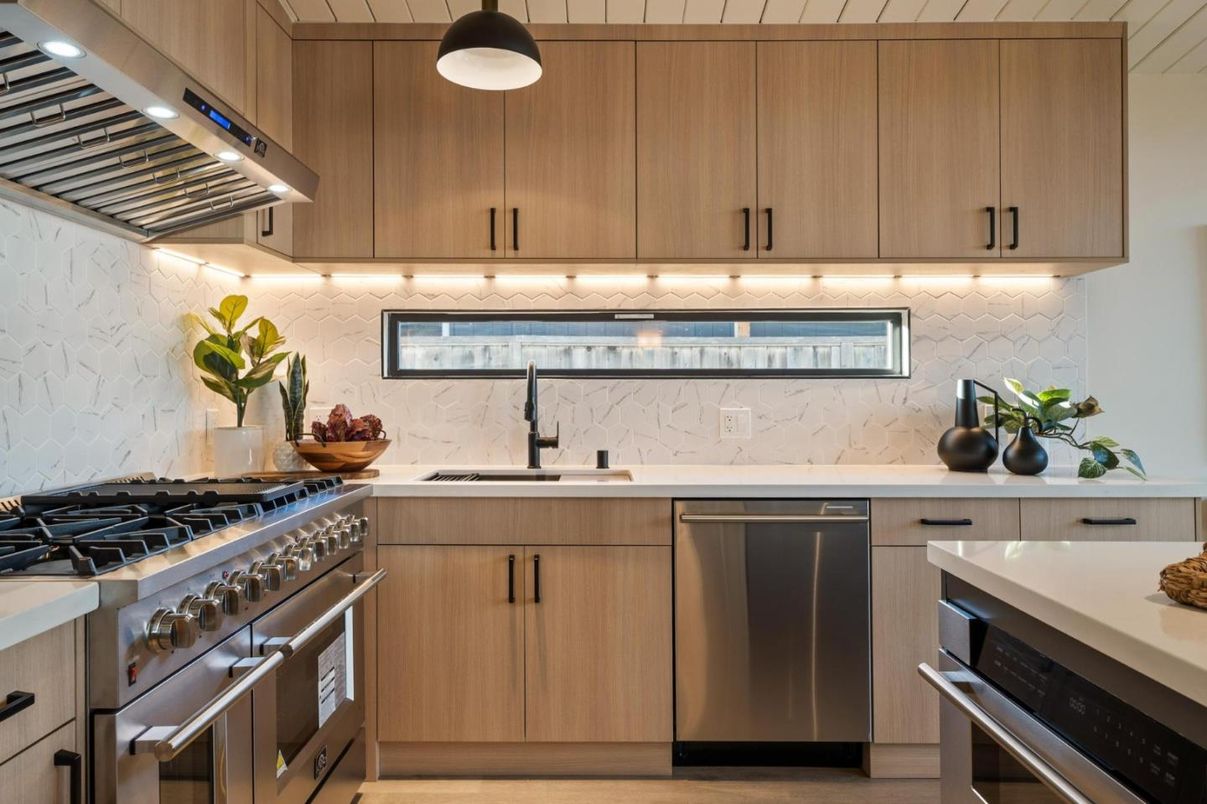 Interior, Kitchen, Pendant Lights, Stainless Steel Appliances, Wood Texture Flooring
