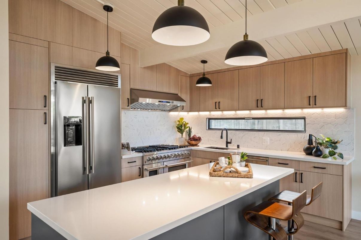 Interior, Kitchen, Pendant Lights, Stainless Steel Appliances, Wood Texture Flooring