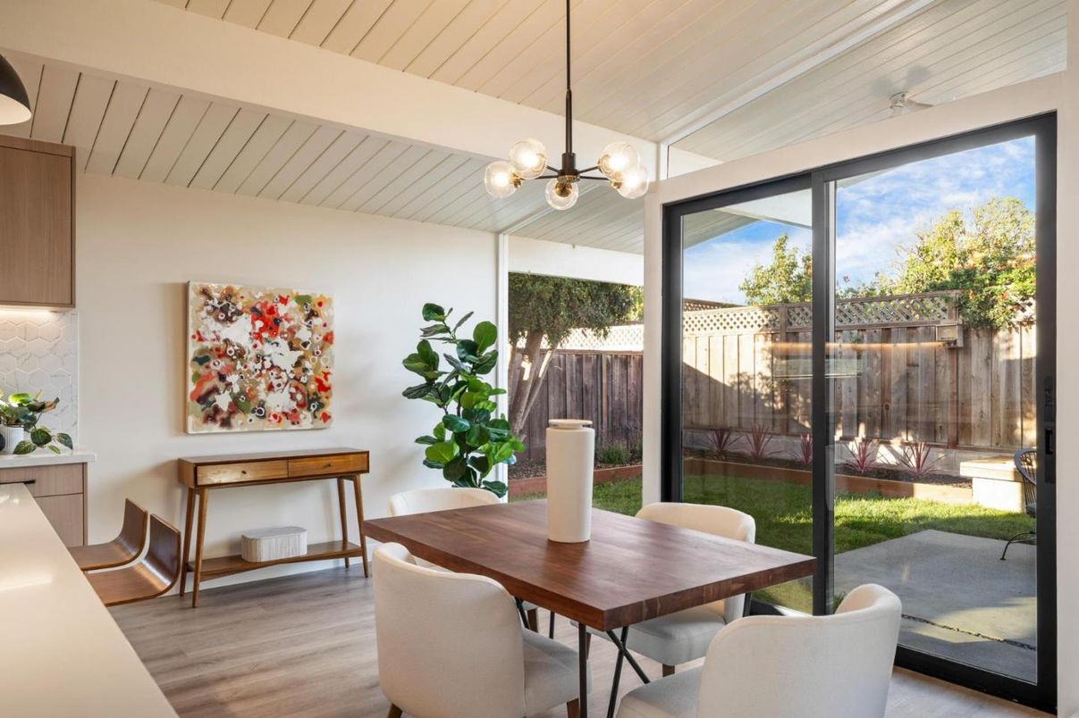 Dining room, Interior, Pendant Lights, Wood Texture Flooring