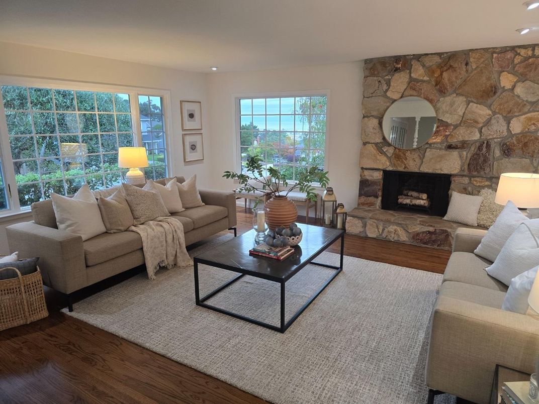 Fireplace, Interior, Living room, Recessed Lighting, Stone Walls, Wood Texture Flooring