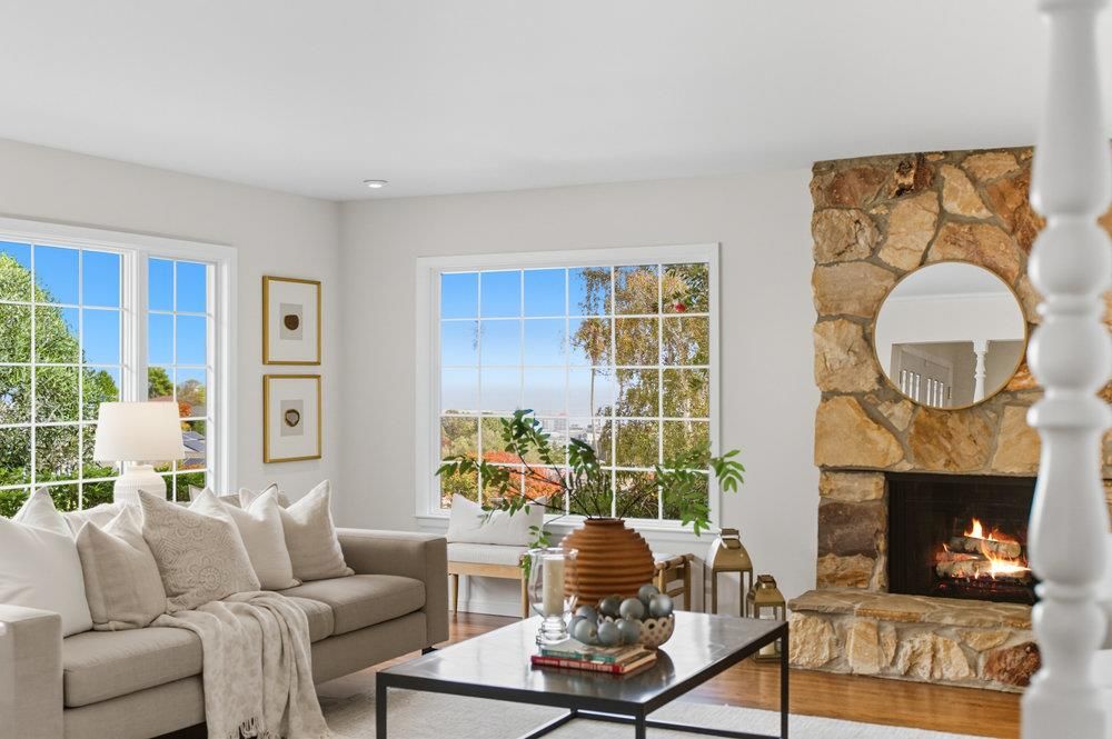 Fireplace, Interior, Living room, Recessed Lighting, Stone Walls, Wood Texture Flooring