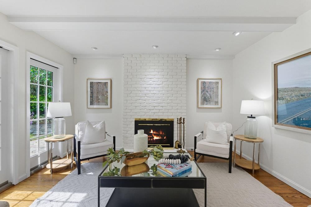 Fireplace, Interior, Living room, Recessed Lighting, Stone Walls, Wood Texture Flooring