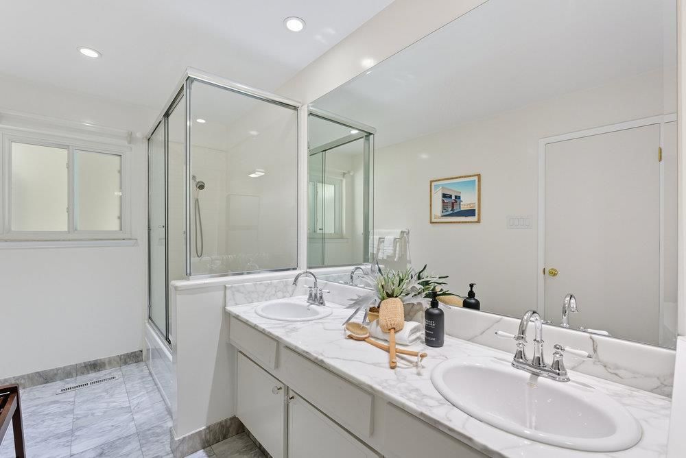 Bathroom, Dual Sink Vanities, Glass Shower, Interior, Marble, Recessed Lighting