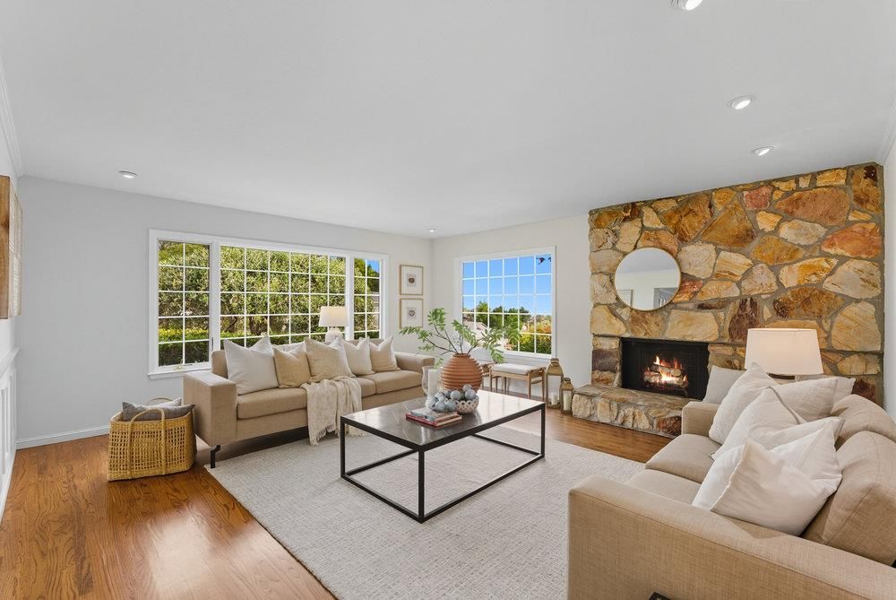 Fireplace, Interior, Living room, Recessed Lighting, Stone Walls, Wood Texture Flooring