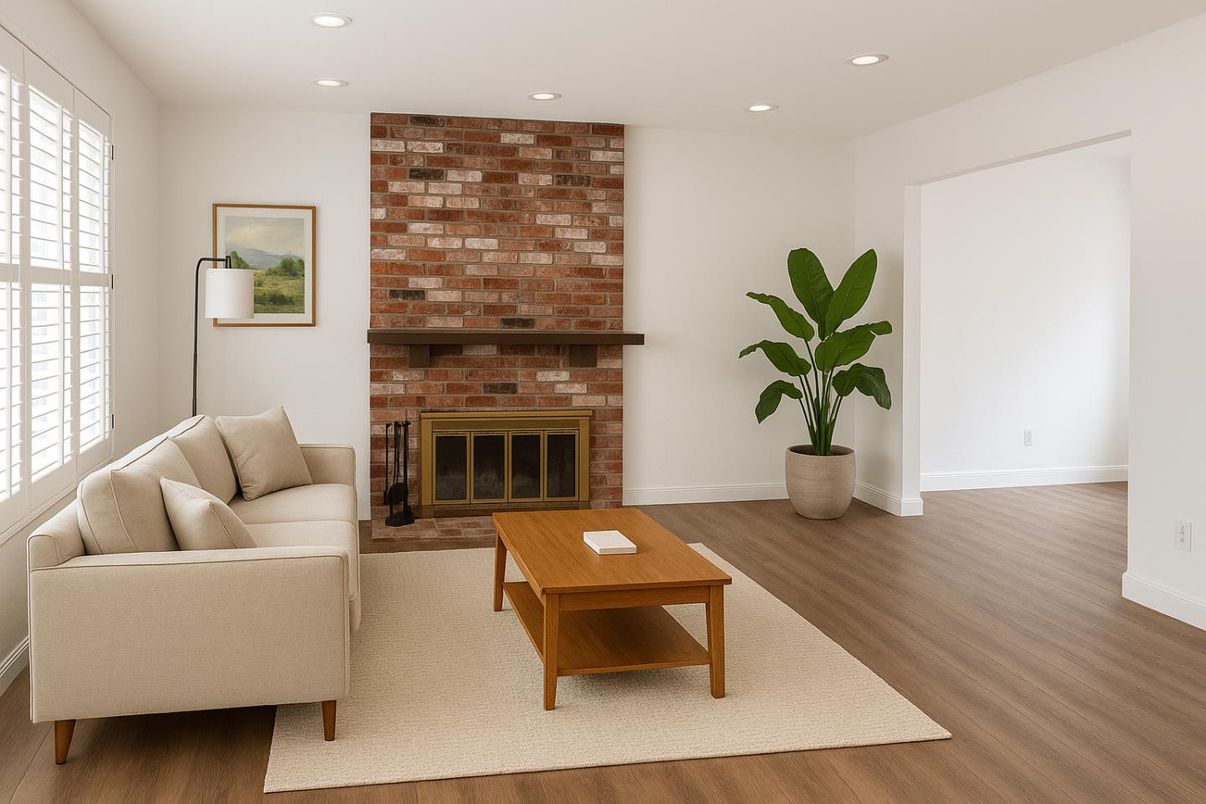 Fireplace, Interior, Living room, Recessed Lighting, Stone Walls, Wood Texture Flooring