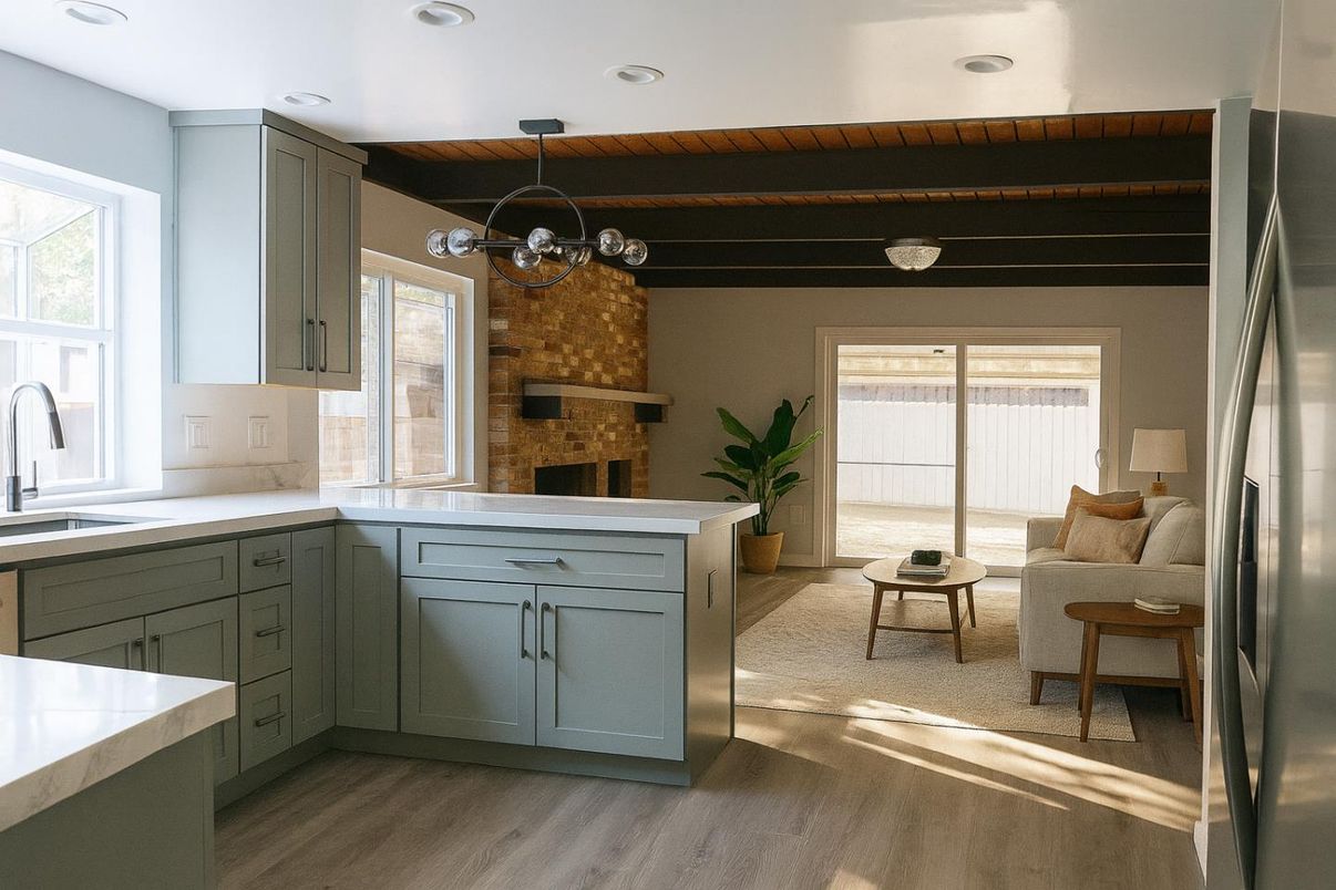 Fireplace, Interior, Kitchen, Living room, Pendant Lights, Recessed Lighting, Stainless Steel Appliances, Stone Walls, Wooden Ceilings, Wood Texture Flooring