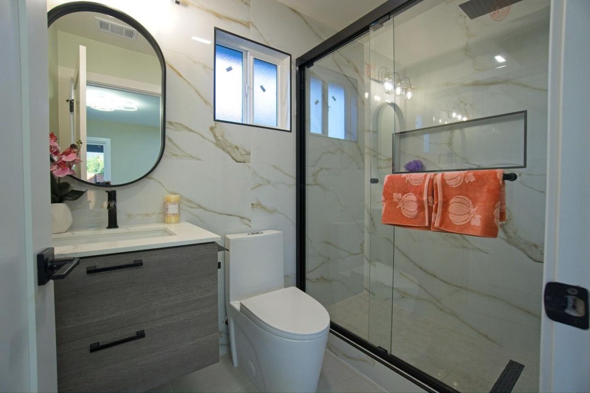 Bathroom, Glass Shower, Interior, Marble Walls, Recessed Lighting