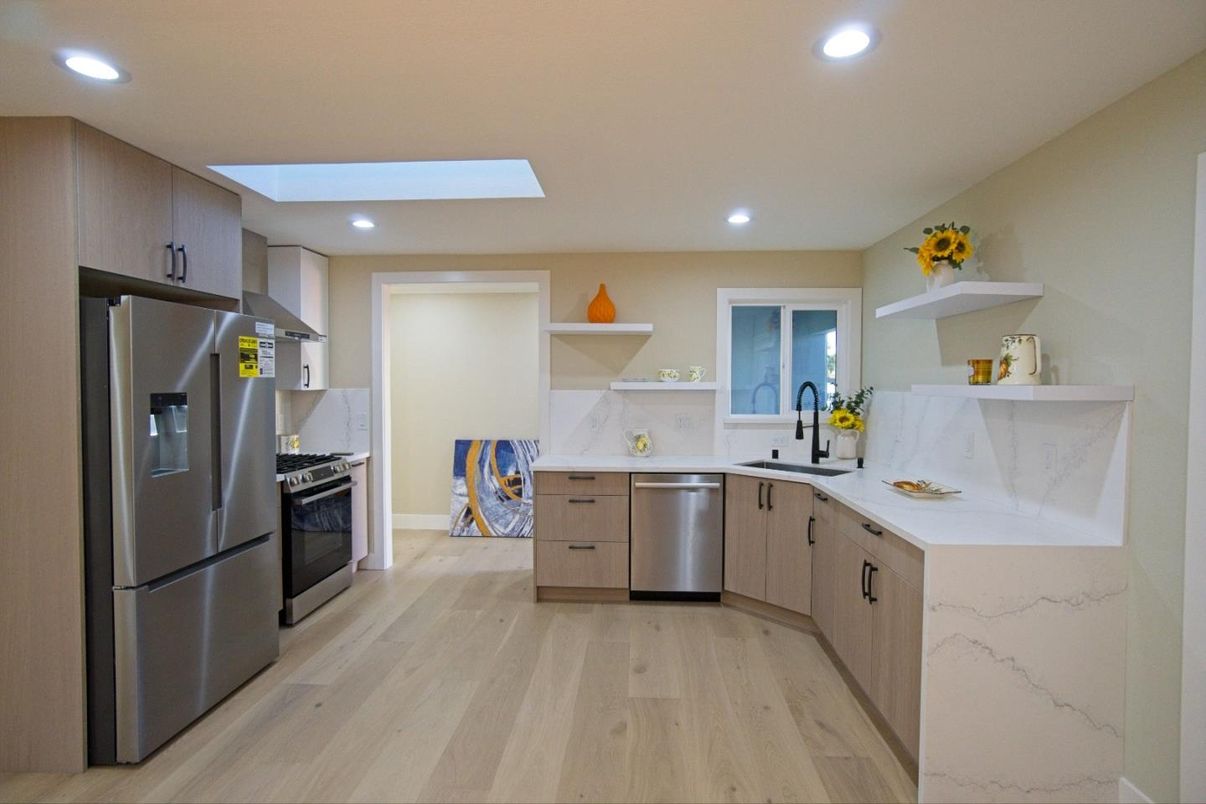Interior, Kitchen, Recessed Lighting, Stainless Steel Appliances, Wood Texture Flooring