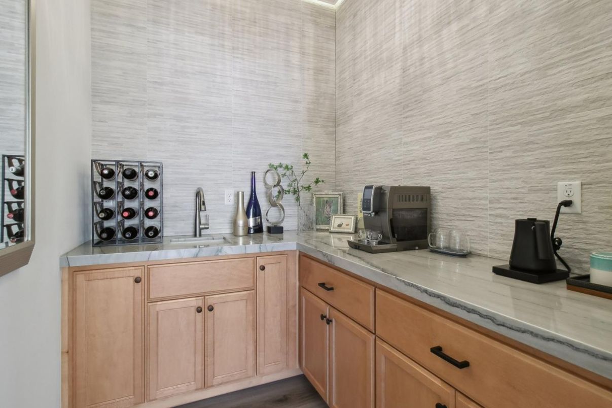 Interior, Kitchen, Tile Countertops, Wood Texture Flooring