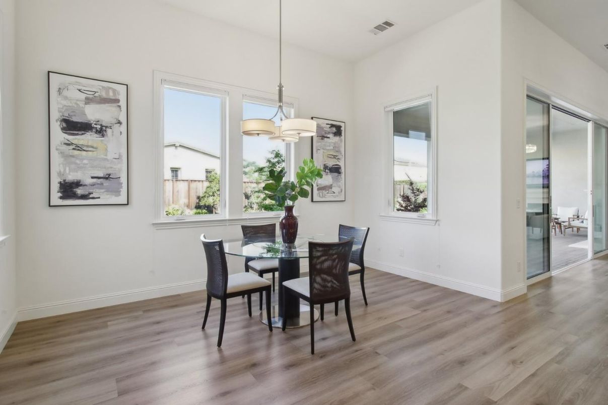 Dining room, Interior, Pendant Lights, Wood Texture Flooring