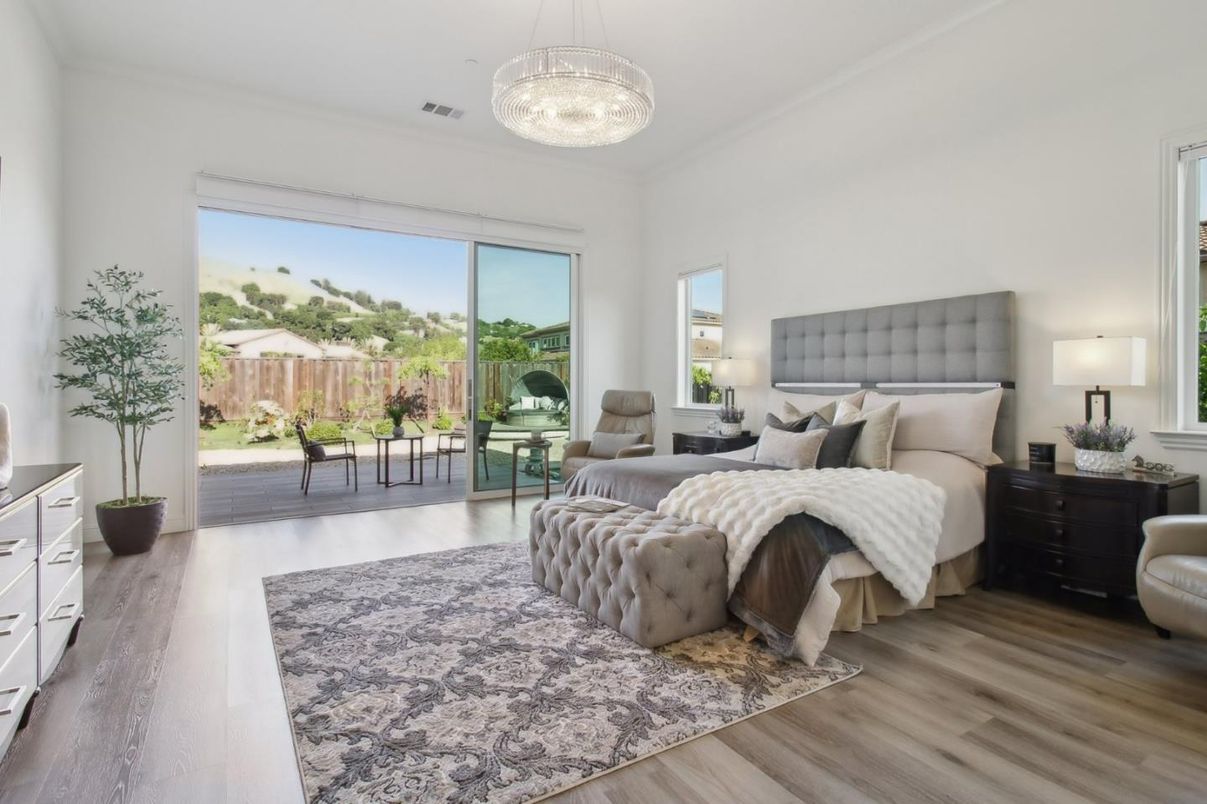 Bedroom, Chandelier, Interior, Wood Texture Flooring