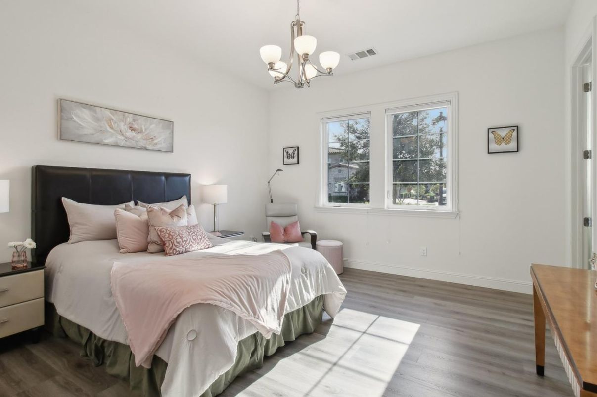 Bedroom, Chandelier, Interior, Wood Texture Flooring