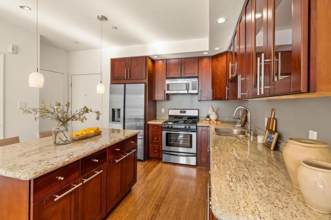 Interior, Kitchen, Pendant Lights, Recessed Lighting, Stainless Steel Appliances, Wood Texture Flooring