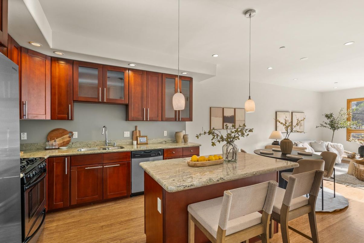 Dining room, Interior, Kitchen, Living room, Pendant Lights, Recessed Lighting, Wood Texture Flooring