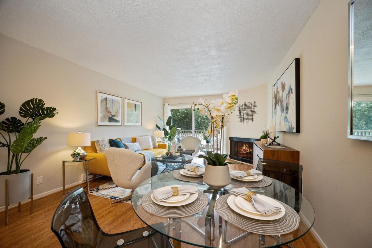 Dining room, Fireplace, Interior, Living room, Wood Texture Flooring