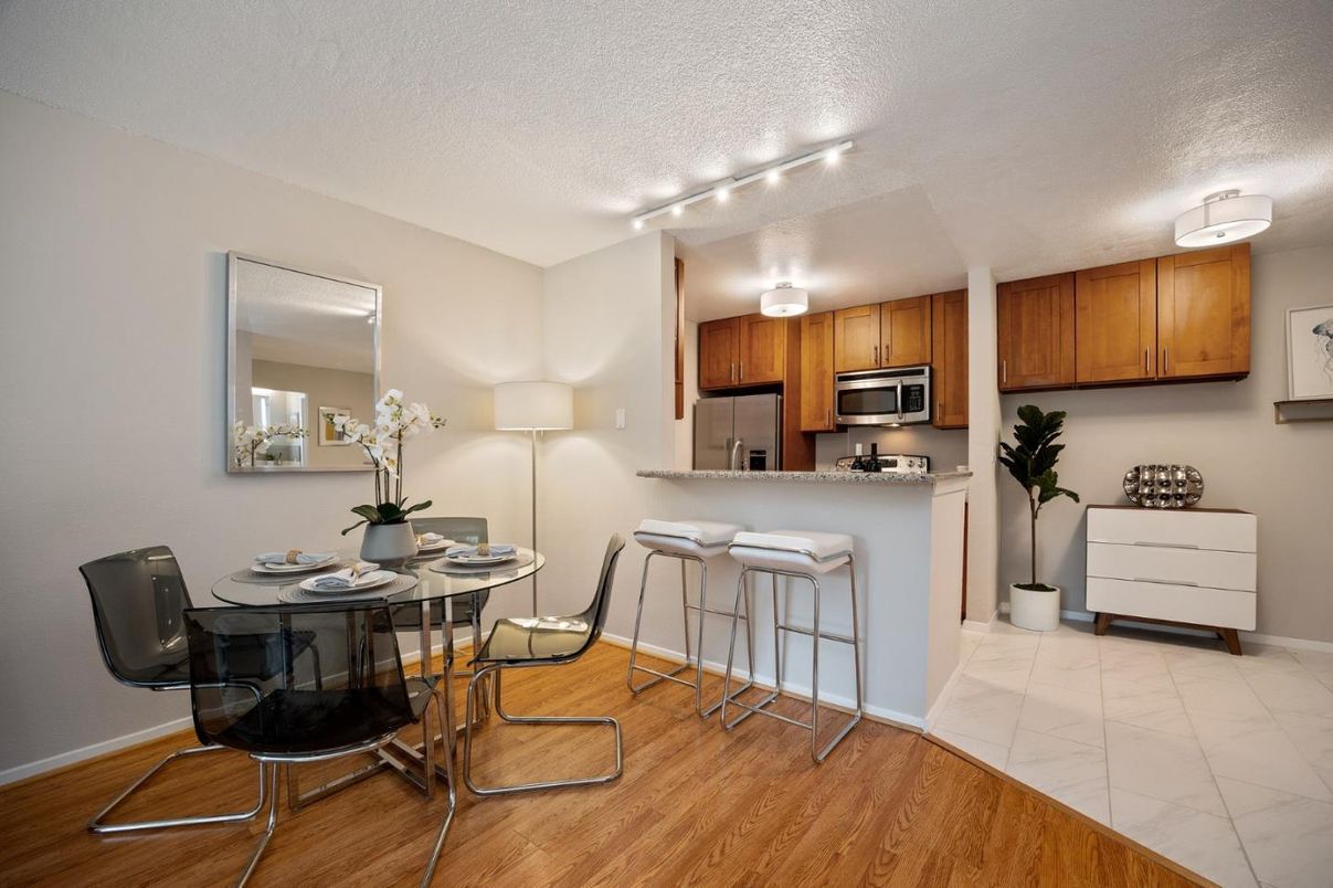 Dining room, Interior, Kitchen, Marble, Stainless Steel Appliances, Wood Texture Flooring