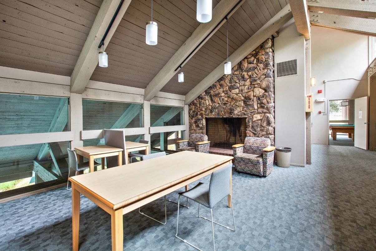 Fireplace, Interior, Pendant Lights, Stone Walls, Wooden Ceilings