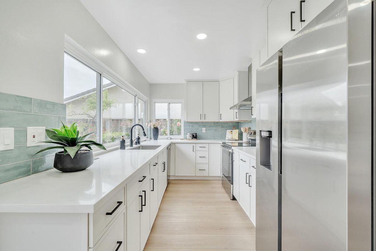Interior, Kitchen, Recessed Lighting, Stainless Steel Appliances, Wood Texture Flooring