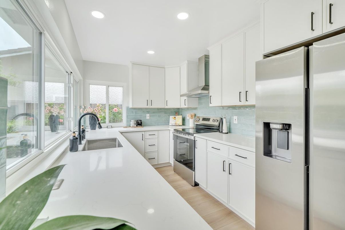 Interior, Kitchen, Recessed Lighting, Stainless Steel Appliances, Wood Texture Flooring