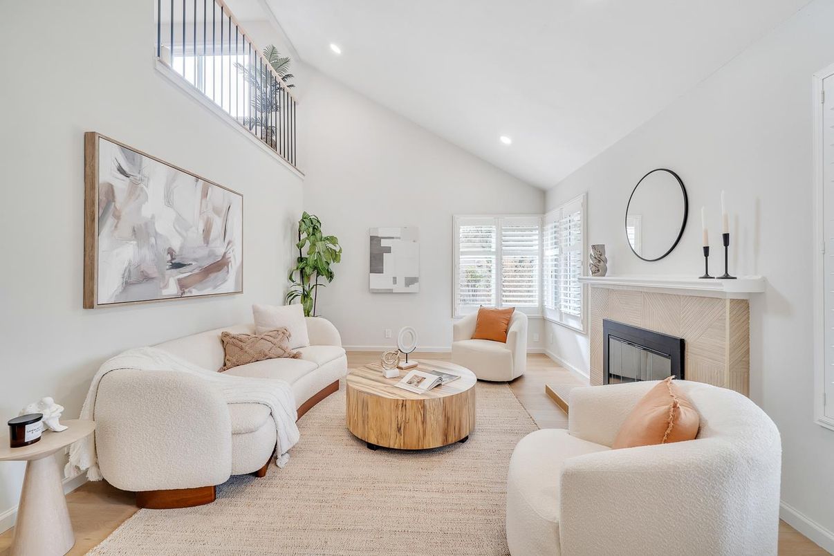 Fireplace, Interior, Living room, Recessed Lighting, Wood Texture Flooring