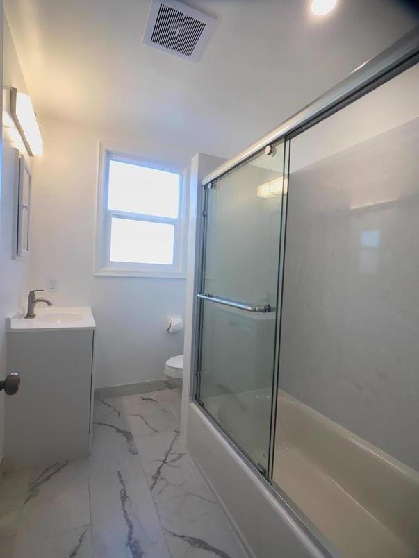 Bathroom, Glass Shower, Interior, Marble, Recessed Lighting